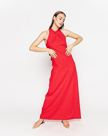 Klasyczna sukienka z tkaniny lnianej RED, OKAZJE - Prezent na Święta
