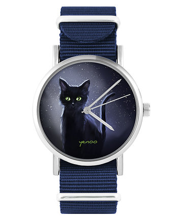 Zegarek - Czarny kot, noc - granatowy, nylonowy, yenoo