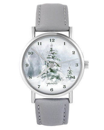 Zegarek - Zimowy, choinka - szary, skóra, yenoo