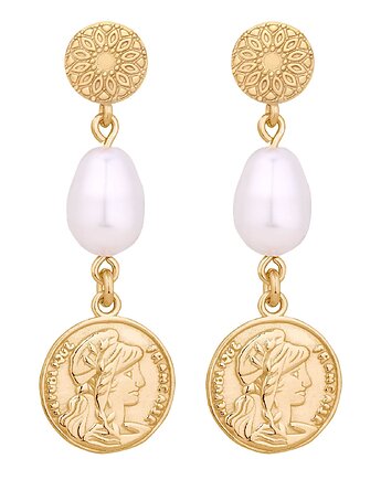 Złote długie kolczyki z monetami i perłami SWAROVSKI CRYSTAL, SOTHO