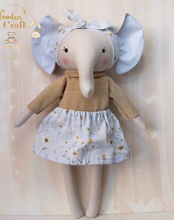 Słonik Wiki przytulanka w beżowym sweterku błękitnej spódniczce z opaską, Lulaczkowo
