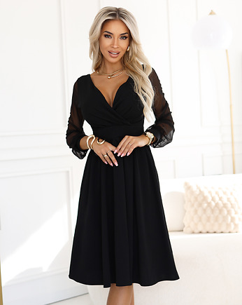 657-1 Elegancka sukienka midi z kopertowym dekoltem - czarna, NUMOCO