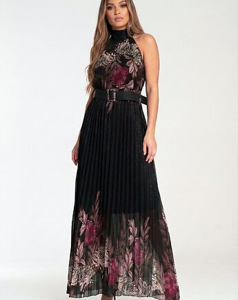 Elegancka długa sukienka maxi rozkloszowana bez rękawów z wiązaniem M1282, FIGL