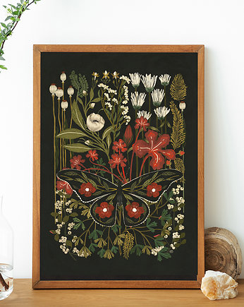 Night garden, plakat botaniczny, plakat kwiaty, motyl, OKAZJE - Prezent na Parapetówkę