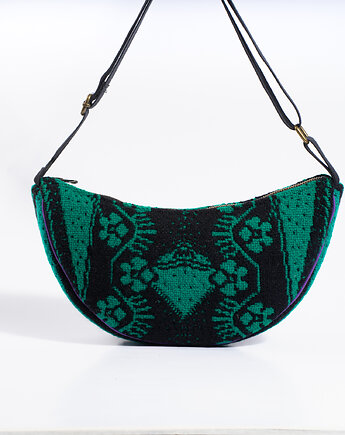 Upcyclingowa torebka półksiężyc z polskiej narzuty vintage, kapotka