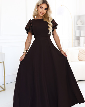 694-2 MIRELLA Elegancka rozkloszowana sukienka maxi z cekinami - brąz, NUMOCO