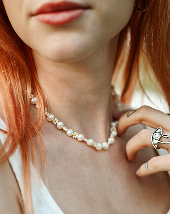 Naszyjnik Bianca, biżuteria z pereł słodkowodnych i koralików, kwiaty biżuteria