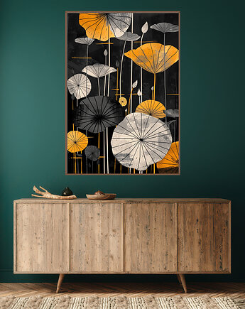 Liście lotusu - Plakat, druk - Chiński Orient, Harmonia Zen, Wabi Sabi #109, Black Sapphire Art
