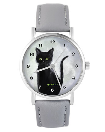 Zegarek - Czarny kot, cyfry - szary, skórzany, yenoo