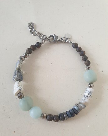 Bransoletka BOHO z opalem dendrytowym, akwamarynem, bronzytem, hematytem, modesign