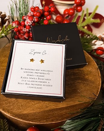 Box prezentowy srebrne pozłacane kolczyki gwiazdki, Martellie Jewellery