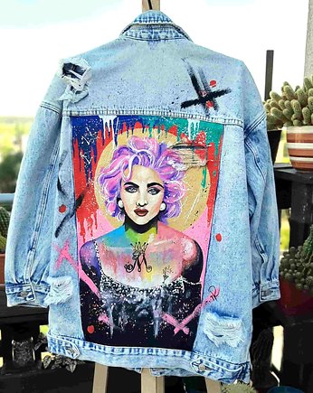 Kurtka jeansowa z portretem Madonny, rękąROBIONE