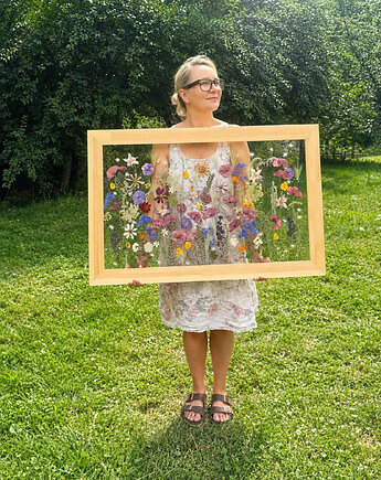 Duży obraz botaniczny z prawdziwych kwiatów w szkle, MARIAELA