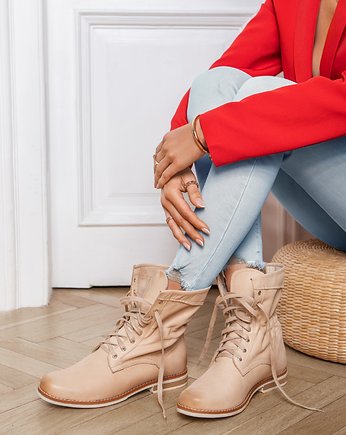 SZNUROWANE BOTKI WORKERY - SKÓRA NATURALNA - MODEL 424 - KOLOR BEŻOWY, Zapato