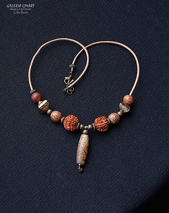 Agat DZI i rudraksha w niezwykłym etnicznym naszyjniku unikat handmade UNISEX, Galeria Limart
