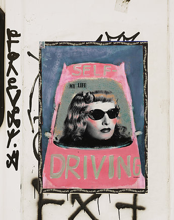 Plakat SELF DRIVING grafika dla fanki motoryzacji feministyczny plakat dla niej, BEATNIK illustration