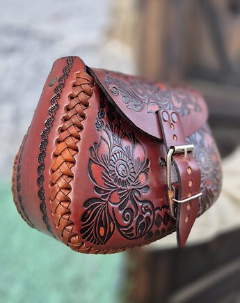 Torebka skórzana Folklora brązowa kwiaty ręcznie robiona, SempreArte