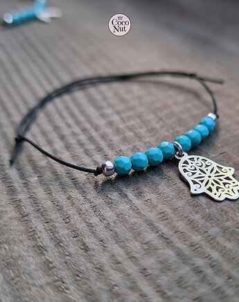 HAMSA - turkus i srebro 925, bransoletka na sznurku, COCONUT