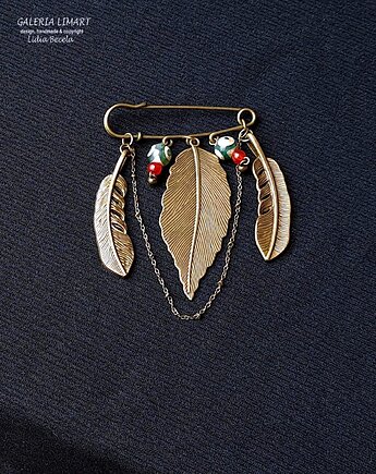 Broszka niezwykła na agrafce w modnym stylu Boho handmade z liściem lauru, Galeria Limart