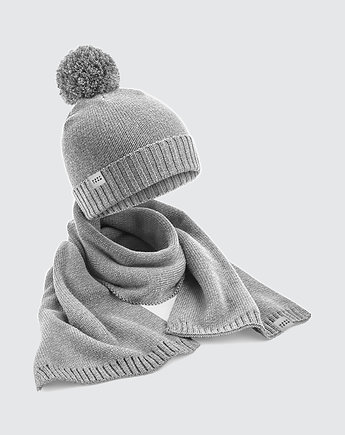 Zestaw zimowy jasnoszary - szalik i czapka z pomponem, HARP TEAM