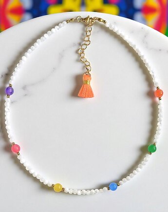 Choker : muszla biała i kolorowy jadeit  : summer collection, kaktusia