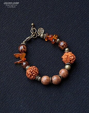 Rudraksha i bursztyn w niezwykłej etnicznej bransoletce unikat handmade UNISEX, Galeria Limart