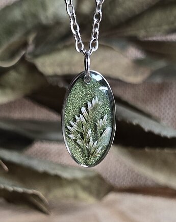 Srebrna zawieszka jajowata suszone kwiaty zboża zielona, zkwiatem