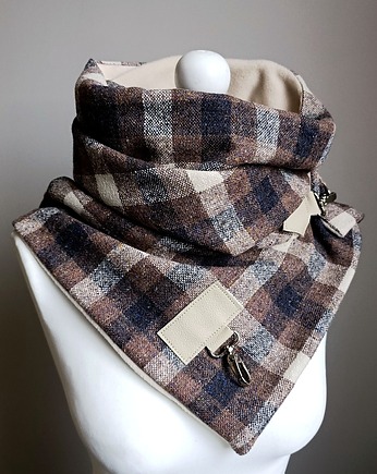 Szal, Komin, chusta - Krata - beżowy, brązowy i czarny, Green Sheep