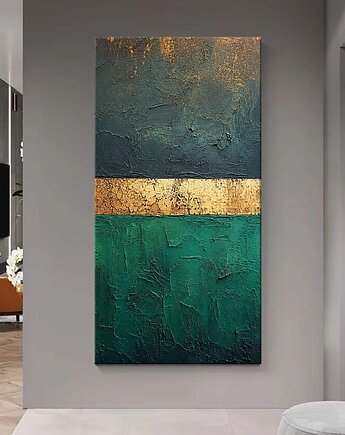 Obraz artystyczny 80x160cm w kolorach tuskus szmaragd grafit złoto, art and texture