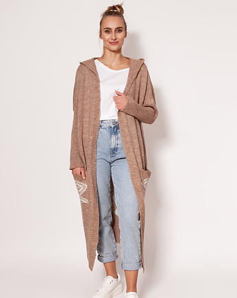 Dzianinowy płaszcz z kapturem - PA020 mocca MKM, MKMswetry