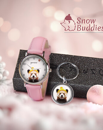 Zestaw prezentowy - Panda - zegarek i brelok - skórzany, różowy, yenoo
