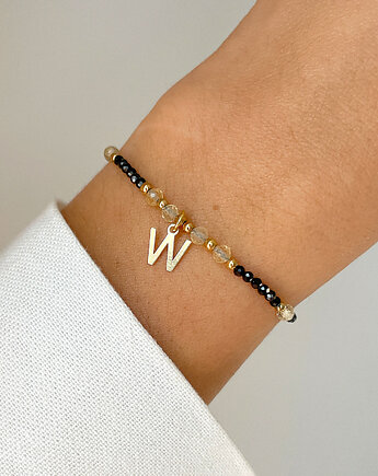 Bransoletka na nici z czarnym turmalinem, cytrynem i literką, Bring Biżuteria