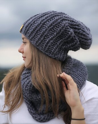 Wełniana czapka i komin WOOLY komplet zimowy grafitowy, sploteka