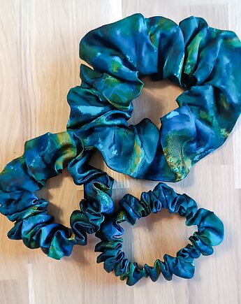 Scrunchie gumka do włosów jedwabna Peacock turkusowa zielona S,M,L, Milavia Studio
