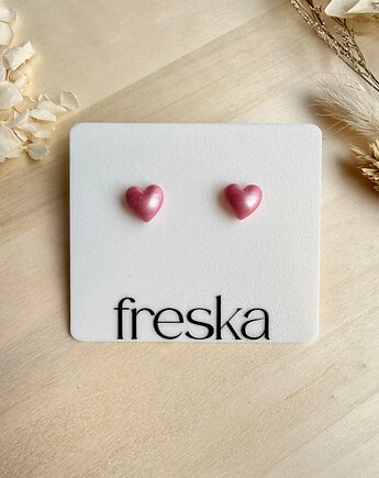 Kolczyki Serca 3D - perłowy róż, freska