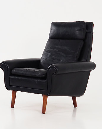 Fotel skórzany czarny, duński design, lata 70, produkcja: Dania, Przetwory design