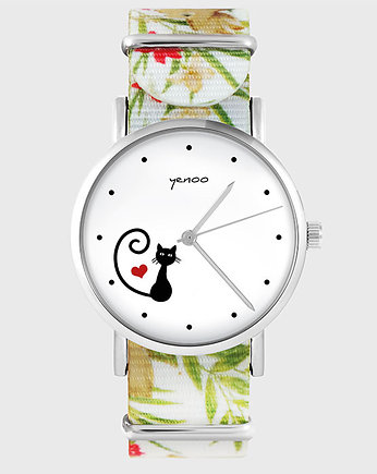Zegarek - Kotek, serce - kwiaty, nato, biały, OSOBY - Prezent dla teścia