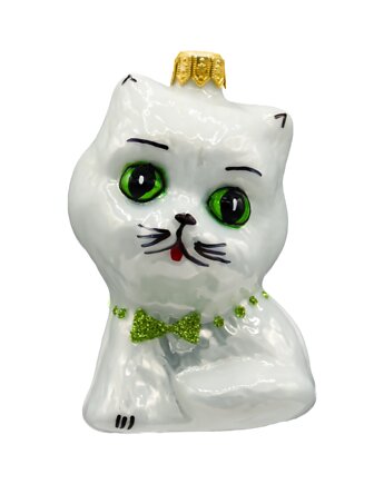 Bombka choinkowa: Kot z zieloną muchą: biały, Syn Bombkarza