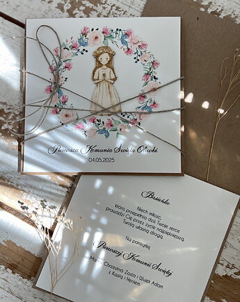 Kartka komunijna ręcznie robiona z imieniem od matki chrzestnej, ojca chrzest, sorte