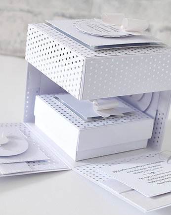 Exploding box chrzest świety biało srebrny, Ulette projekty