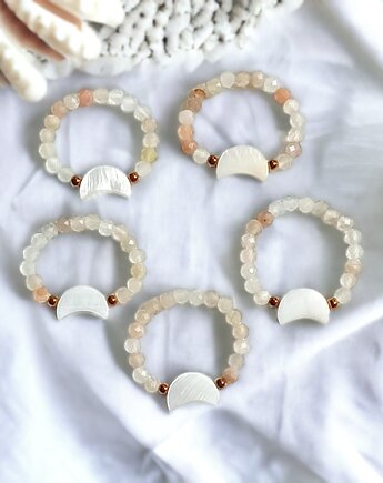 Pierścionek elastyczny: lunula : kamień słoneczny, muszla naturalna, kaktusia