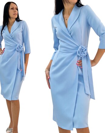 Elegancka błękitna   Kopertowa sukienka z różą, MM FASHION
