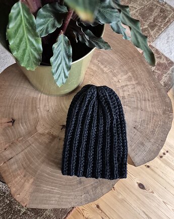 Wełniana  czarna czapka z merino WOOLLY nero, Po.dziergane