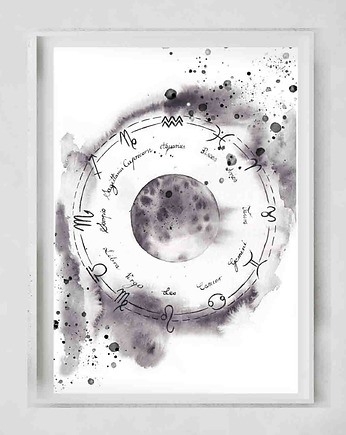 Księżyc w Pełni i Znaki Zodiaku  akwarela wydruk artystyczny, My Moment