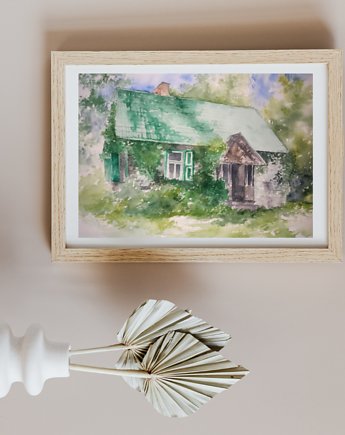WYPRZEDAŻ SZTUKI! Akwarela Dom w zieleni oryginalny obraz 300g A3 30x40 cm, Kwitnace