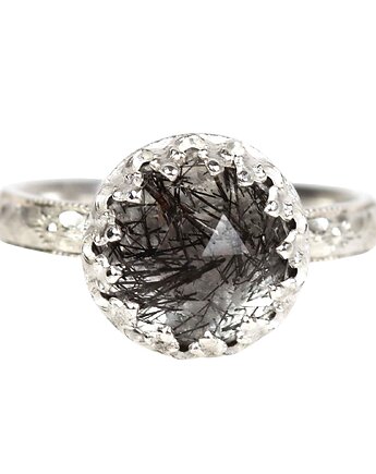 Srebrny pierścionek Princess z kwarcem z turmalinem w stylu Vintage, Blooming Stones