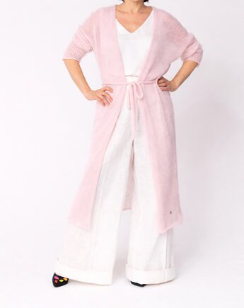 Długi kardigan wełniany z paskiem - Jasny różowy, YOU by Tokarska