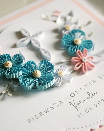 Kartka Pamiątka Pierwszej Komunii Świętej kwiatowa krzyż quilling pastelowa, PAPI studio
