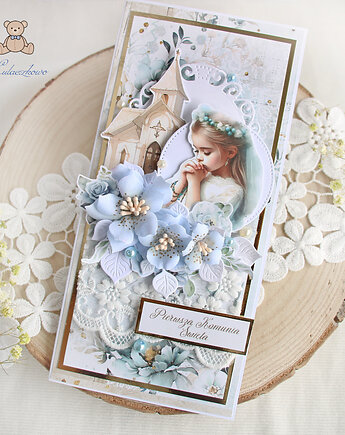 Kartka pamiątka komunii "Blue Flower  2" GOTOWA, Lulaczkowo