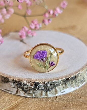 Wieczny kwiat pierścionek złoty kwiat prawdziwy żywica fioletowy, zkwiatem